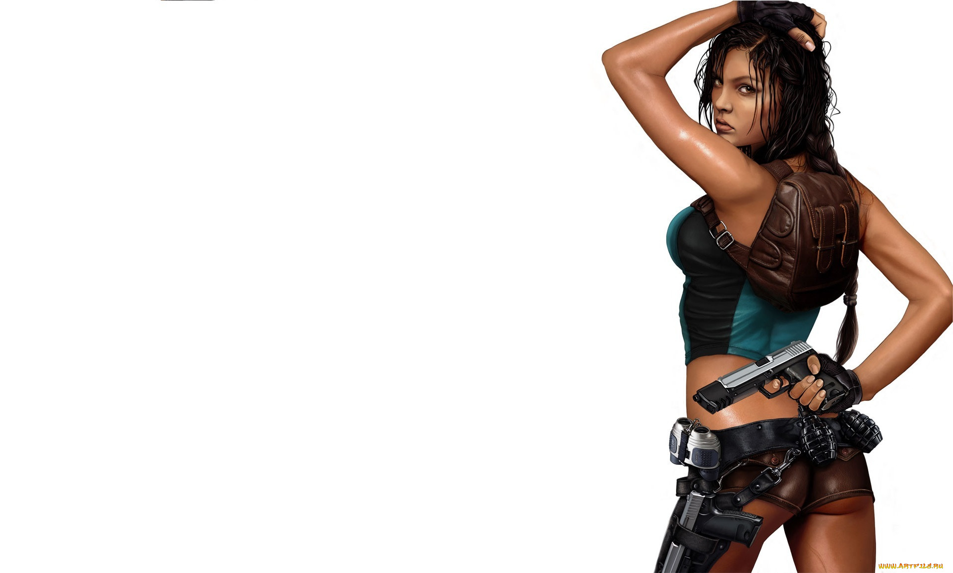 Обои Видео Игры Tomb Raider 2013, обои для рабочего стола, фотографии видео  игры, tomb raider 2013, lara, croft, tomb, raider, мокрые, волосы, попа,  пистолет, рюкзак, спина, взгляд, девушка, белый, фон, эротика Обои